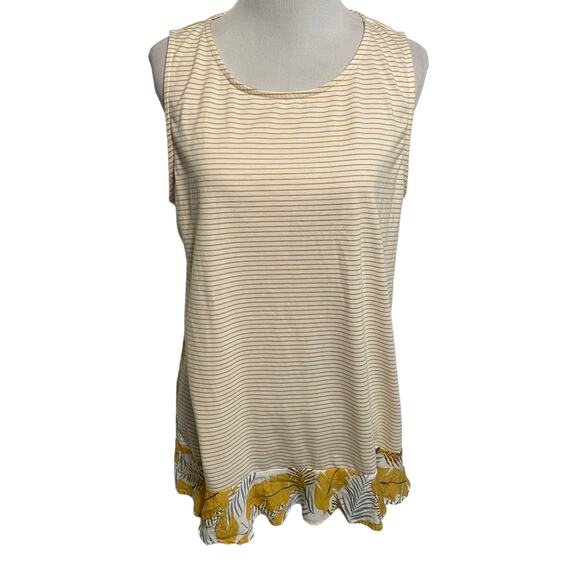 Doe & Rae Cut Out Tank Womens Large Mustard Striped Tropical Floral Mixed Print - Picture 1 of 6